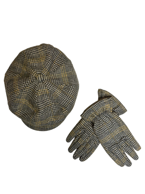 Vintage 2000s Wool Blend Grey & Brown Plaid Newsboy Cap & Gloves Set