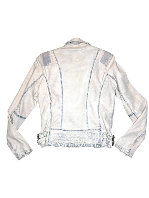 Vintage 2000s White & Blue Stone Washed Moto Faux Leather Jacket | Size M