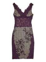 Vintage 2000s Purple & Grey Paisley Fitted Cotton Sleeveless Sheath Midi Dress with Lace Trim | Size XS