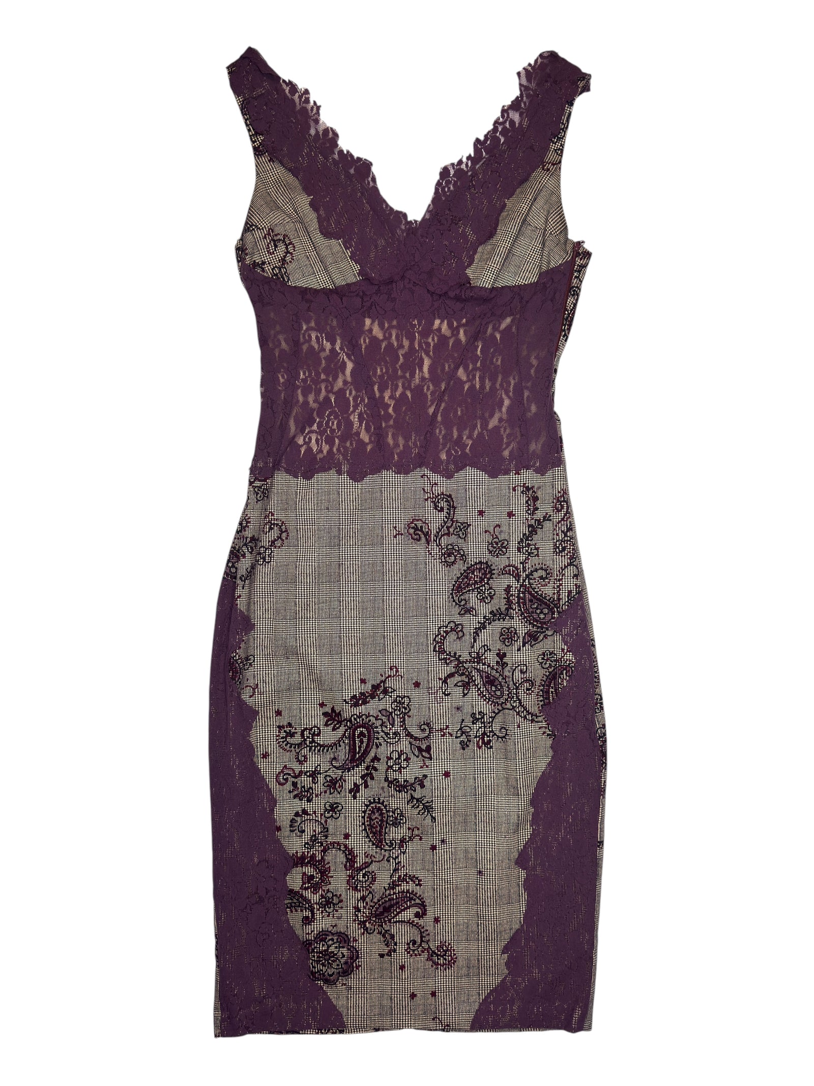 Vintage 2000s Purple & Grey Paisley Fitted Cotton Sleeveless Sheath Midi Dress with Lace Trim | Size XS