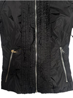 Vintage 2000s Y2K Prada Black Moto Nylon Fitted Utility Track Windbreaker Jacket with Ruffle Detail | Size XXS
