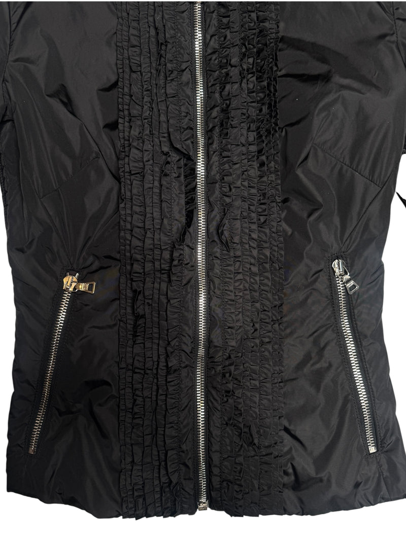 Vintage 2000s Y2K Prada Black Moto Nylon Fitted Utility Track Windbreaker Jacket with Ruffle Detail | Size XXS