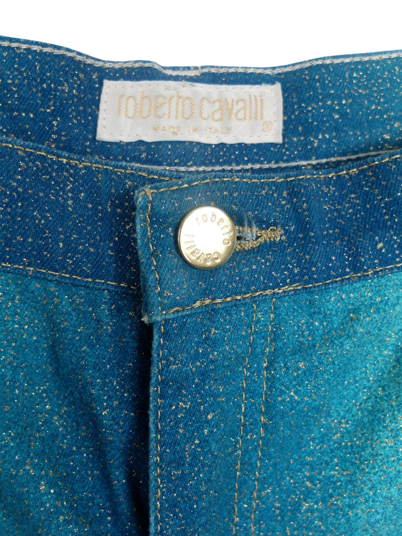 Vintage 2000s Y2K Roberto Cavalli Teal Metallic Glitter Straight Leg Jeans | 33 Inch Waist