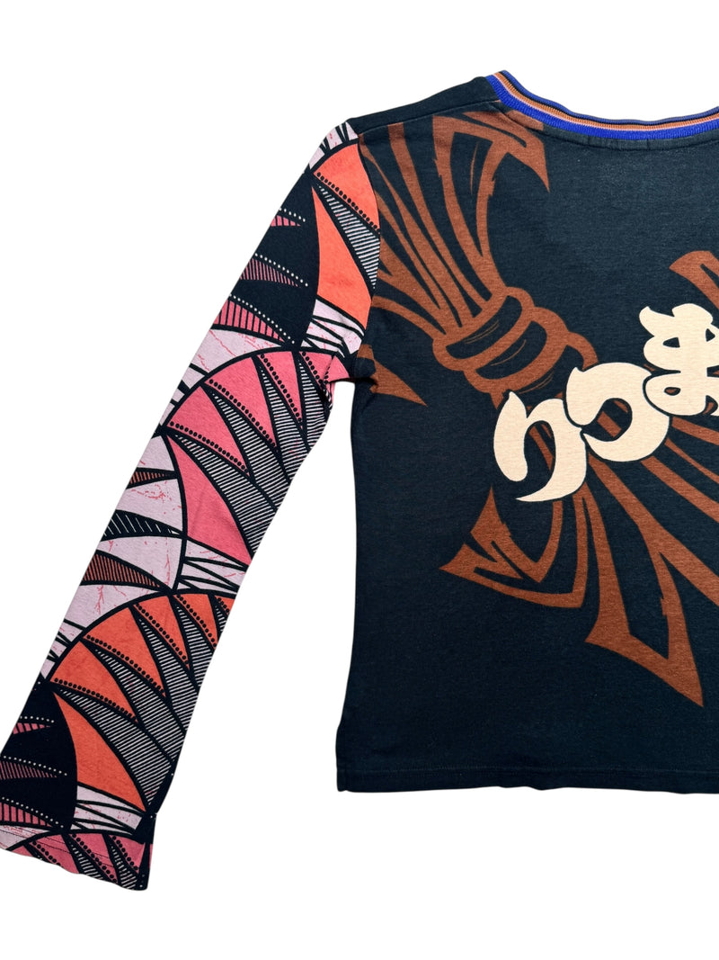 Vintage 2000s Y2K Custo Barcelona Abstract Graphic Print V-Neck Long Sleeve Shirt | Size Medium