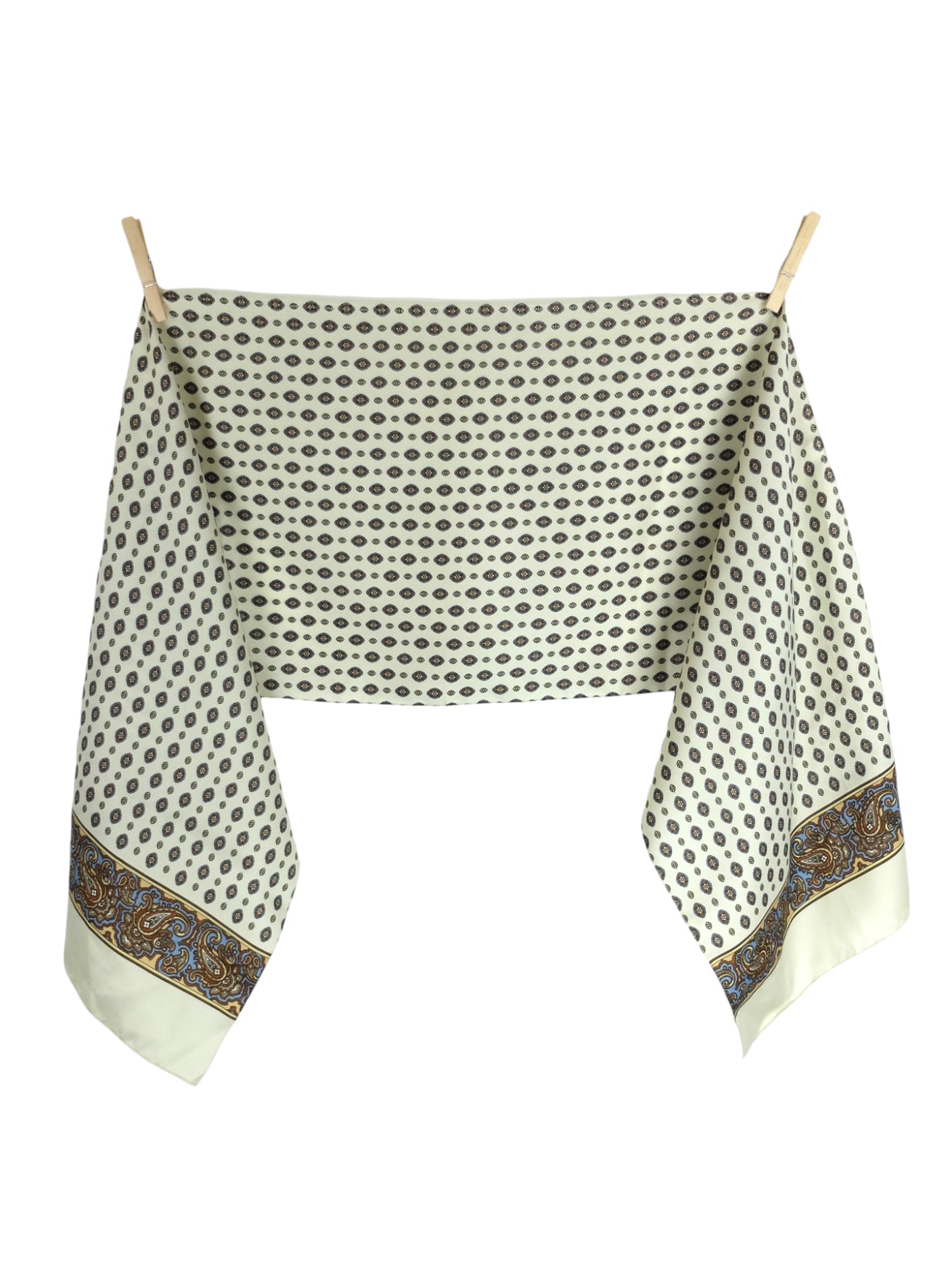 Vintage 80s Mod Bohemian Hippie Abstract Paisley Print White & Brown Wide Lightweight Shawl Neck Wrap Scarf