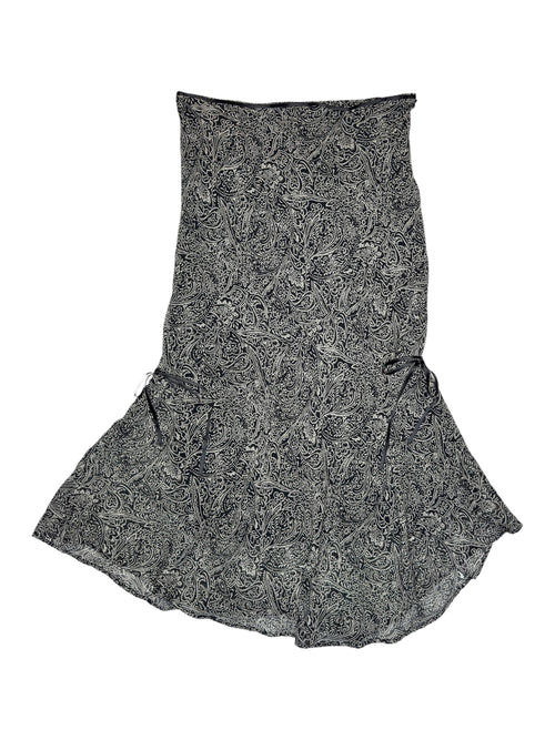 Vintage 2000s Black & Grey Silk Paisley Fit & Flare Asymmetric Midi Skirt with Ribbon Detail | Size M