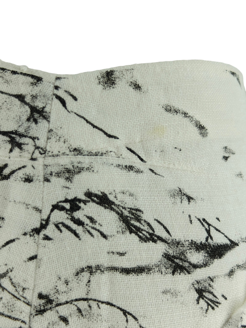 Vintage 2000s Y2K Bohemian Screenprinted Linen Asymmetrical White & Black Nature Tree Print Midi Skirt | 31 Inch Waist