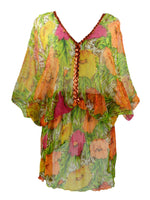 Vintage 2000s Y2K Silk Bohemian Hippie Sheer V-Neck 3/4 Butterfly Sleeve Mini Dress Tunic with Cinched Waist & Sequin Detail | Size S