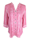 Vintage 2000s Y2K Bohemian Hippie Bright Pink Distressed Wash V-Neck 3/4 Sleeve Button Down Blouse | Size L