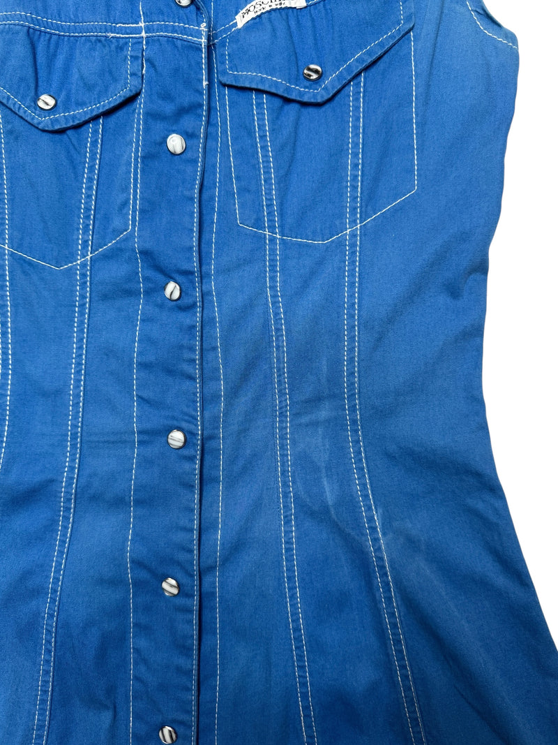 Vintage 2000s Y2K Moschino Mod Preppy Blue Sleeveless Collared Snap Button Down A-Line Mini Dress | Size M