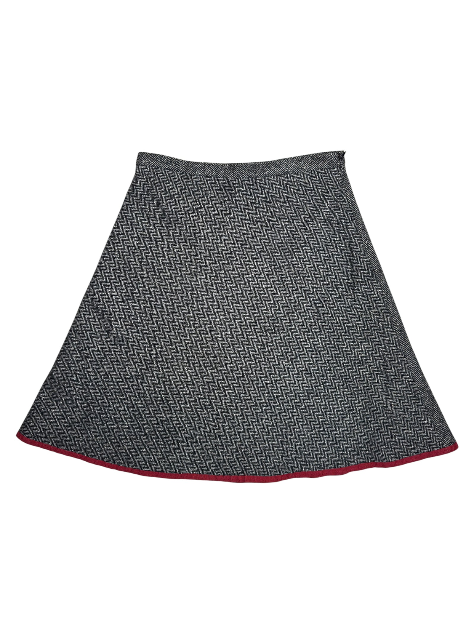 Vintage 2000s MOSCHINO Wool Blend Grey Herringbone Circle Knee Length Skirt with Red Trim | Size S