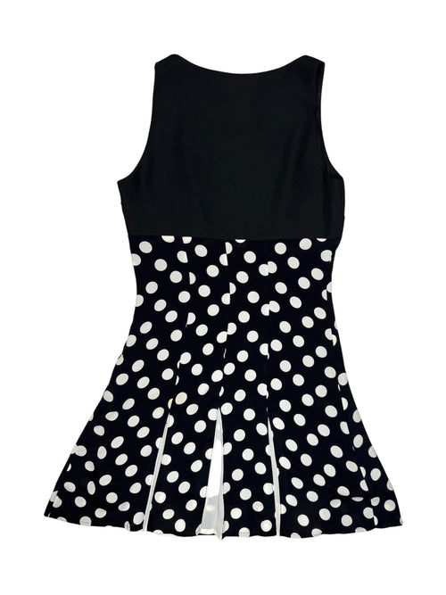 Vintage 90s SANDRO Black & White Polka Dot Sleeveless Pleated A-Line Mini Dress | Size XS-S