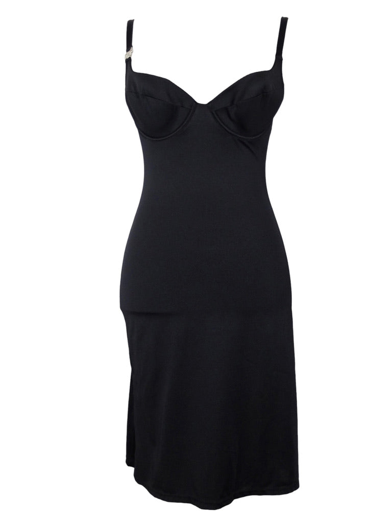 Vintage 2000s Y2K Dolce & Gabbana Mare Chic Formal Black Tank Fitted Slip Mini Dress with Silver Strap Detail | Size M-L