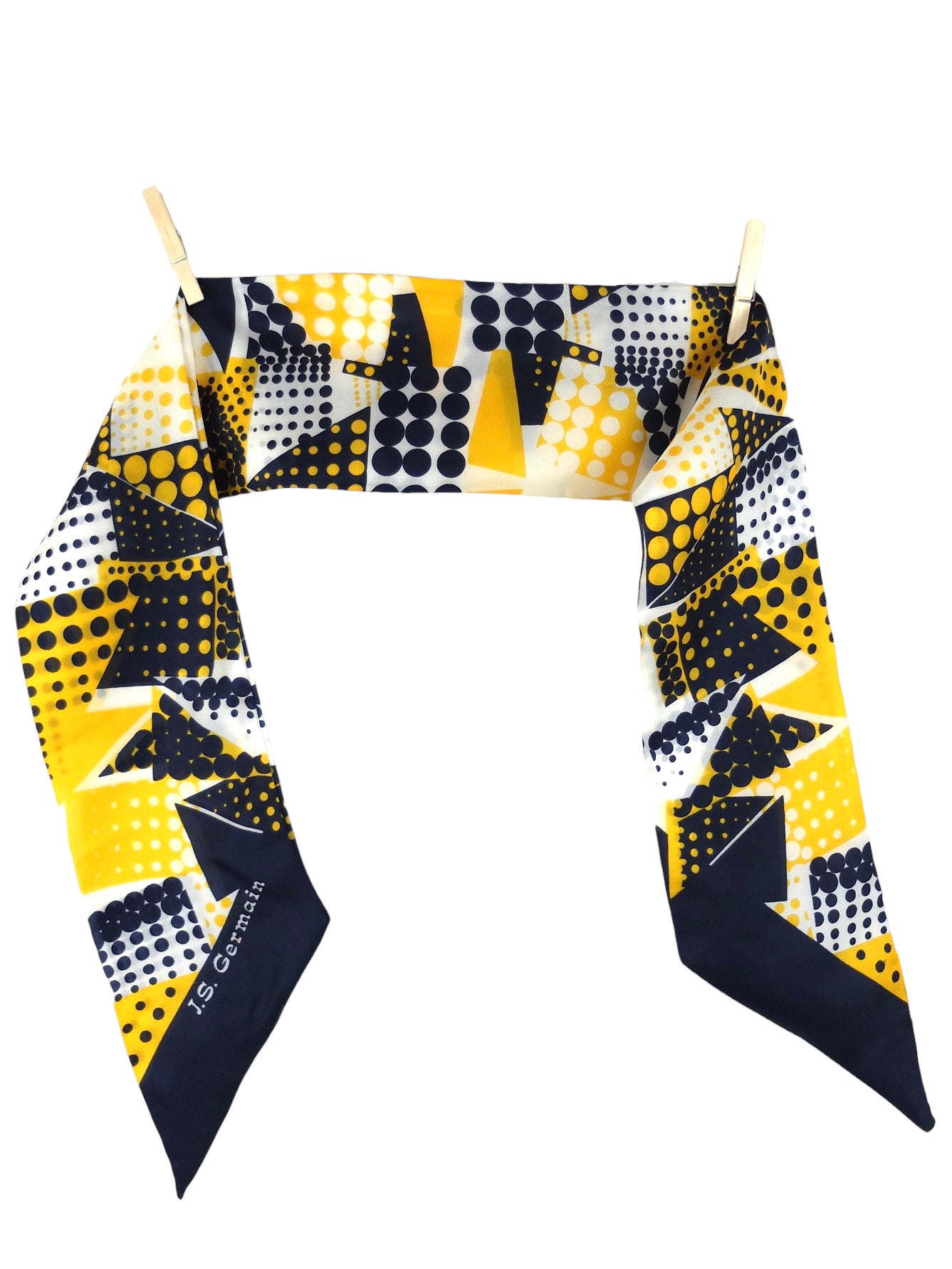 Vintage 60s Mod Psychedelic Abstract Op-Art Navy Blue & Yellow Polka Dot Thin Neck Tie Scarf