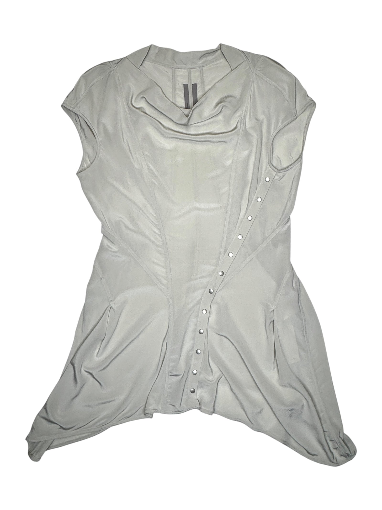 SS 2019 Rick Owens Babel Silk Grey Asymmetrical Short Sleeve Snap Closure Mini Dress | Size S-M