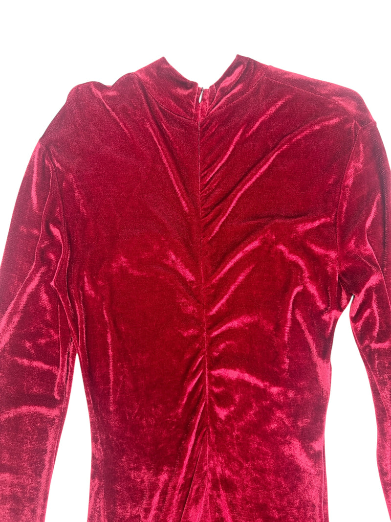 Vintage 80s Rocco Barocco Red Velvet Mockneck Long Sleeve Formal Dress with Mesh Cutout | Size XL