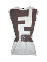 Vintage 2000s FENDI Simonetta Graphic Logo Grey & Brown Summer Cotton Mini Dress with Drawstring Waist| Size S