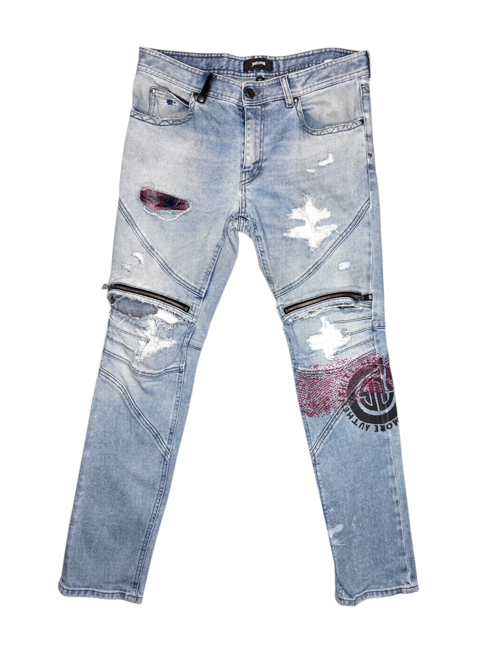 Vintage 2000s CAVALLI Men’s Mid-Rise Distressed Light Wash Denim Jeans With Screenprint & Zipper Details | 34.5 Inch Waist