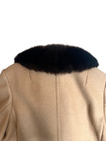 Vintage 70s Mod Bohemian Hippie Tan Button Down Trench Coat With Genuine Fur Trim & Tie Belt | Size S-M