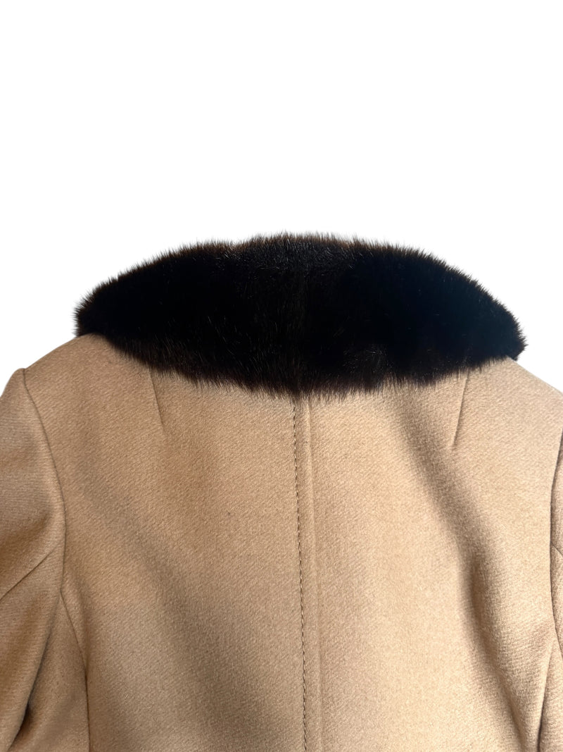 Vintage 70s Mod Bohemian Hippie Tan Button Down Trench Coat With Genuine Fur Trim & Tie Belt | Size S-M