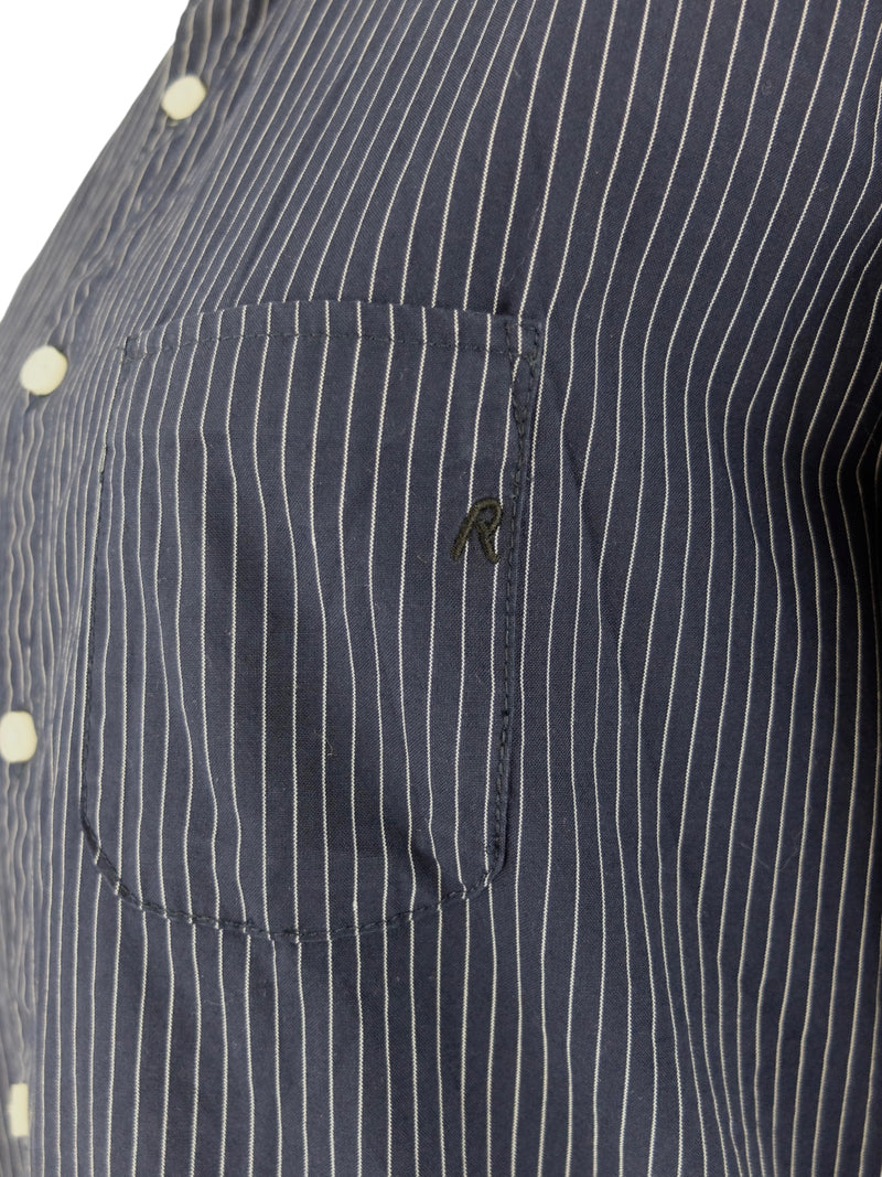 Vintage 2000s Y2K Replay Regular Fit Navy Blue Pinstripe Collarless Lo Thee Cultivator Vintage 2000s Y2K Replay Regular Fit Navy Blue Pinstripe Collarless Lo Thee Cultivator