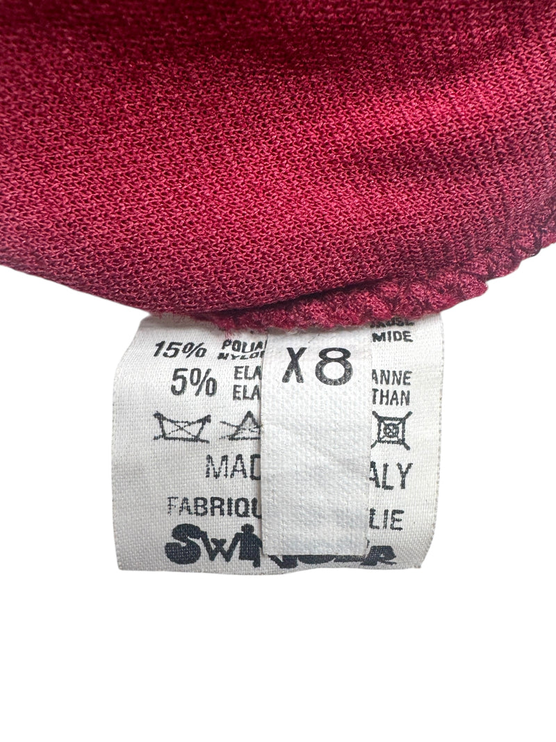 Vintage 80s Rocco Barocco Red Velvet Mockneck Long Sleeve Formal Dress with Mesh Cutout | Size XL