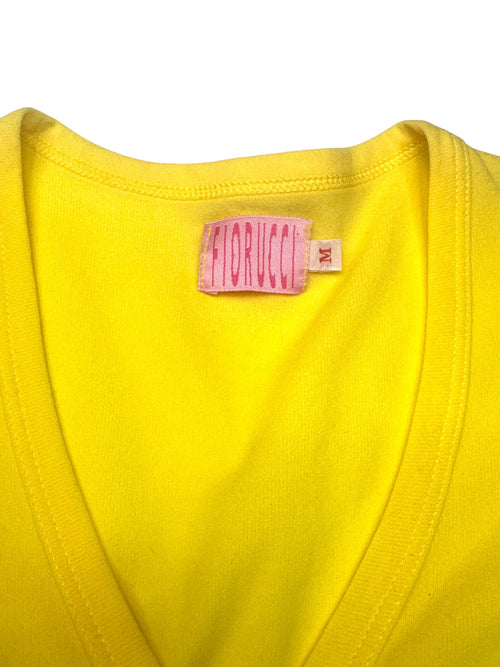 Vintage 90s Y2K Fiorucci Bright Yellow Short Sleeve Button Down V-Neck Mesh Top | Size XS-S