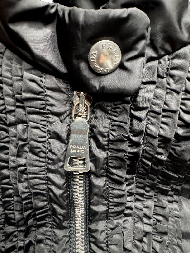 Vintage 2000s Y2K Prada Black Moto Nylon Fitted Utility Track Windbreaker Jacket with Ruffle Detail | Size XXS