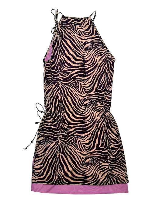 Vintage 2000s Y2K Alesandro Dell’acqua Brown & Pink Tiger Animal Print Sleeveless Layered Mini Dress with Cinched Drop Waist & Tie Details | Size M