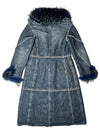 Vintage 2000s Y2K Rocco Barocco Dark Wash Blue Denim Coat with Faux Fur Collar Trim | Size L