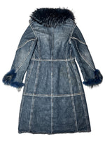 Vintage 2000s Y2K Rocco Barocco Dark Wash Blue Denim Coat with Faux Fur Collar Trim | Size L