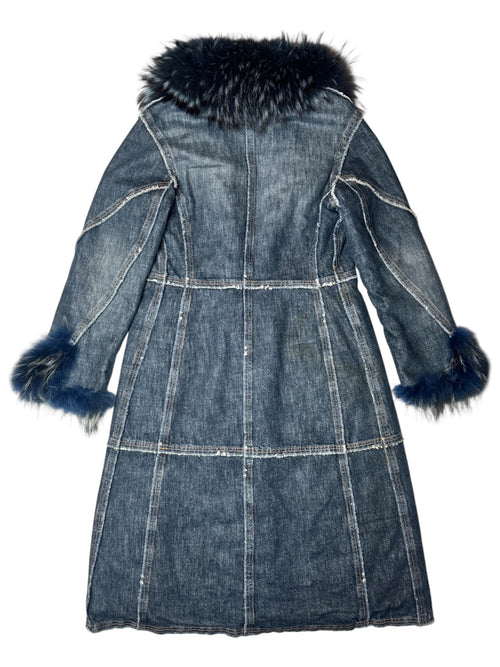 Vintage 2000s Y2K Rocco Barocco Dark Wash Blue Denim Coat with Faux Fur Collar Trim | Size L