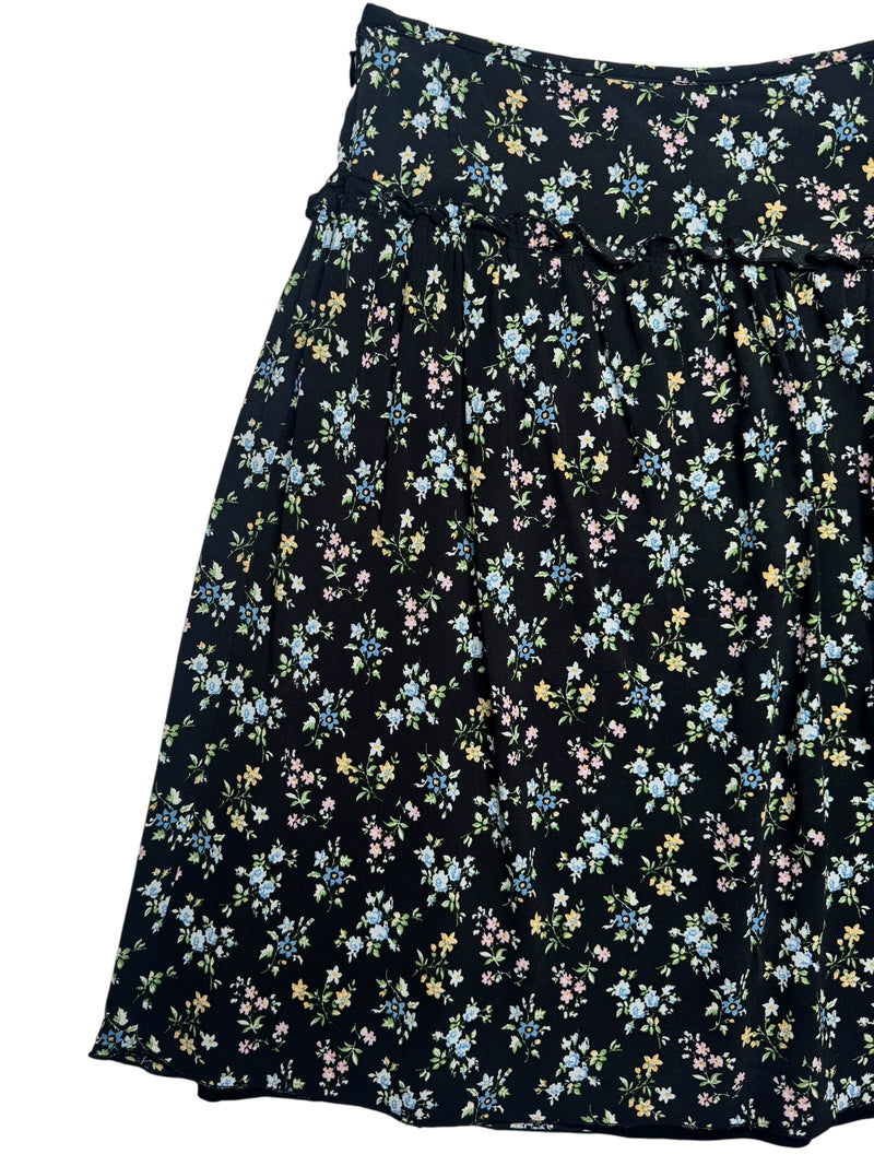 Vintage 2000s Y2K Max & Co Bohemian Chic Black Blue Floral High Waisted Above-the-Knee Chiffon A-Line Circle Skirt | Size M