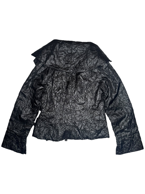 Vintage 2000s Y2K Black Lightweight Collared Crinkle Jacket with Waist Tie | Size L