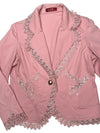 Vintage 2000s Y2K Preppy Chic Pastel Baby Pink Collared Cotton Blazer Jacket with Bedazzled Rhinestones | Size M