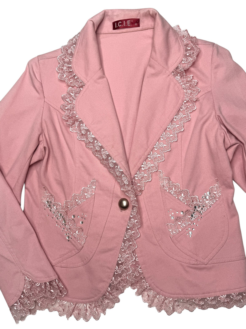 Vintage 2000s Y2K Preppy Chic Pastel Baby Pink Collared Cotton Blazer Jacket with Bedazzled Rhinestones | Size M