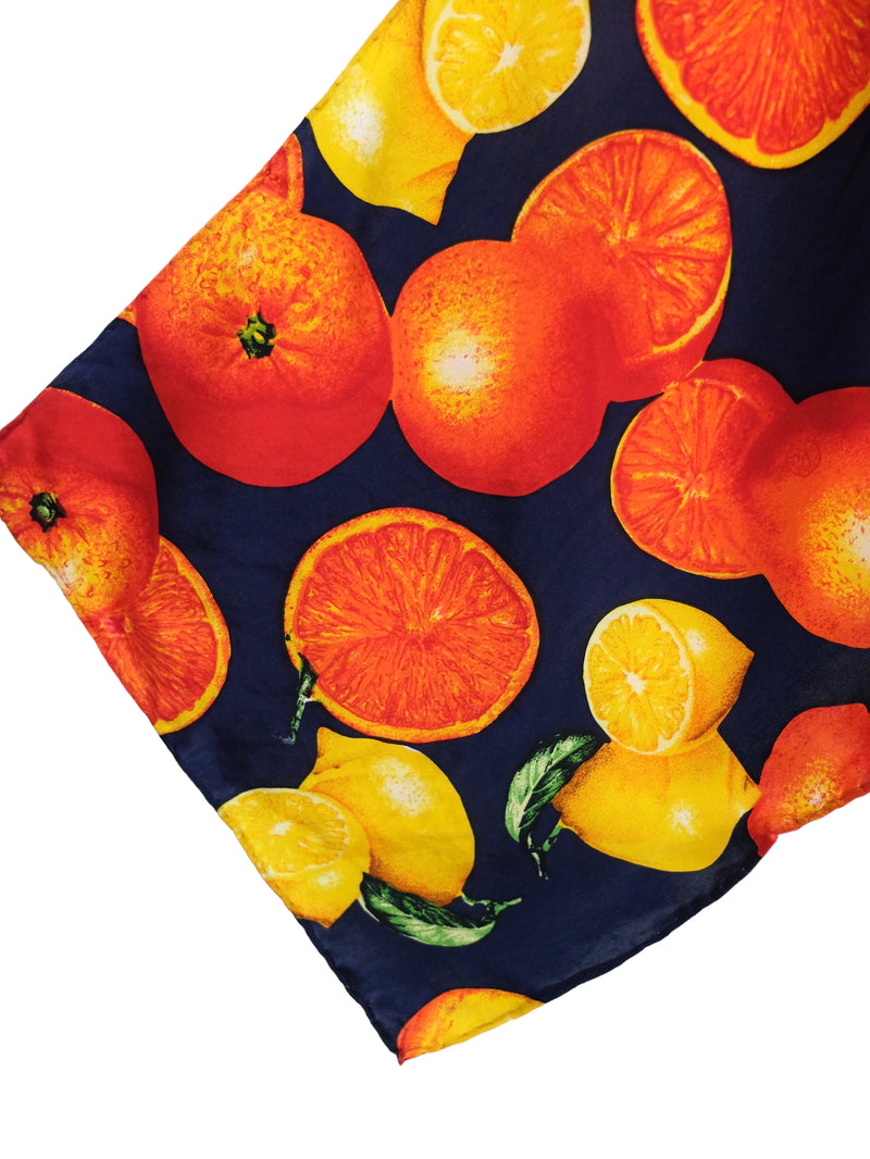 Vintage 90s Silk Funky Bright Orange & Lemon Fruit Patterned Lightweight Long Wide Neck Shawl Wrap Scarf