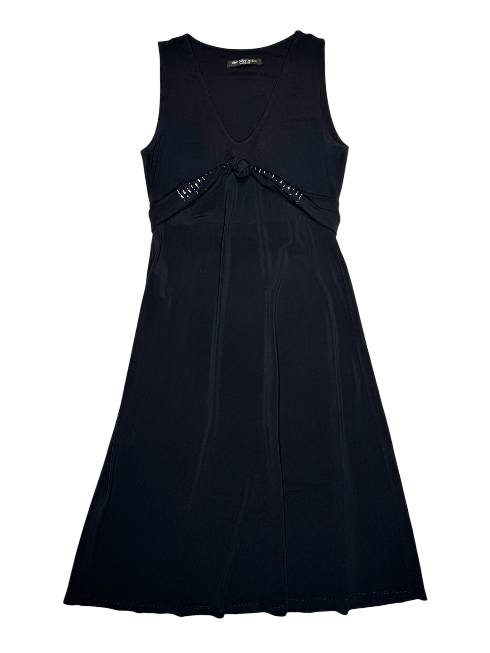 Vintage 2000s Black Sleeveless A-Line Midi Tank Dress with Beaded Twist Detail | Size S