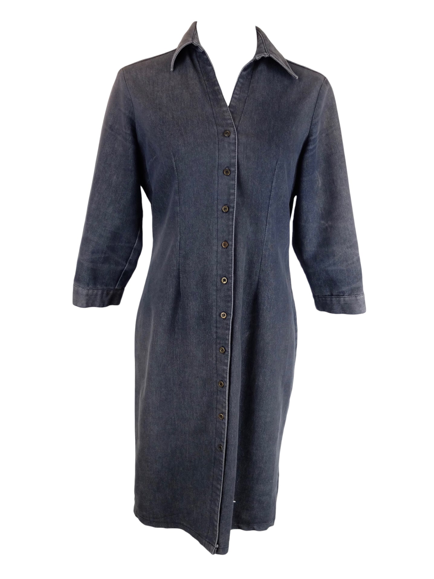 Vintage 2000s Y2K Cache Cache Bohemian Mod Utilitarian Solid Basic Dark Navy Blue Collared Long Sleeve Button Down Jean Denim Midi Dress with Waist Tie | Size M