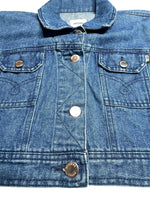 Vintage 2000s Y2K Moschino Jeans Cropped Blue Medium Wash Collared Button Down Denim Jacket | Size M-L