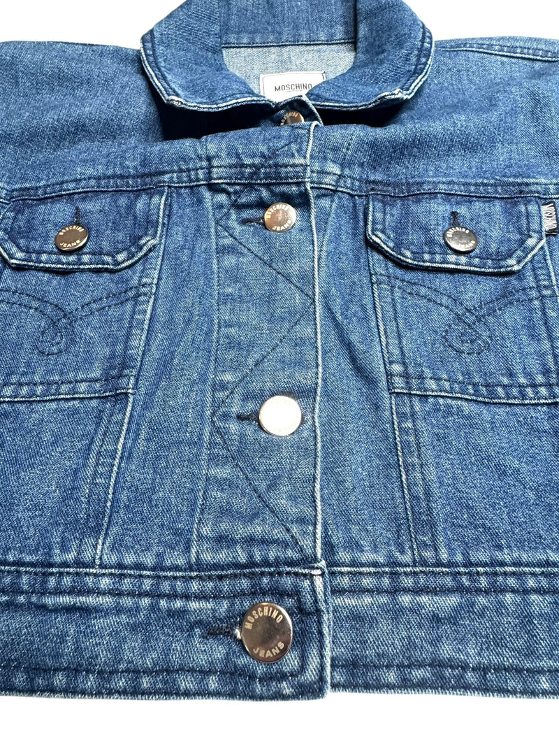 Vintage 2000s Y2K Moschino Jeans Cropped Blue Medium Wash Collared Button Down Denim Jacket | Size M-L