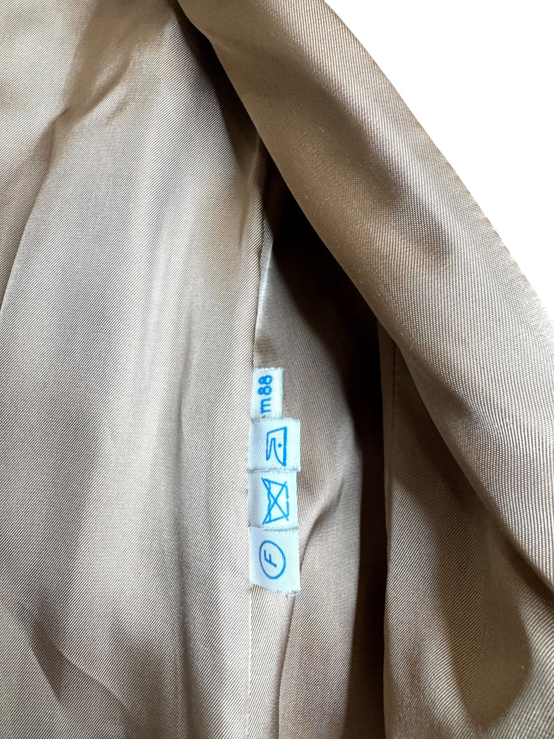 Vintage 70s Mod Bohemian Hippie Tan Button Down Trench Coat With Genuine Fur Trim & Tie Belt | Size S-M