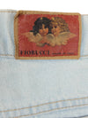 Vintage Fiorucci Designer Bohemian Light Wash Fitted Denim Above-the-Knee Mini Skirt | 24 Inch Waist