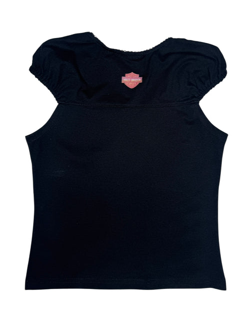 Vintage 2000s Harley Davidson Black & Pink Floral Logo Puff Cap Sleeve Tank Top | Size XS