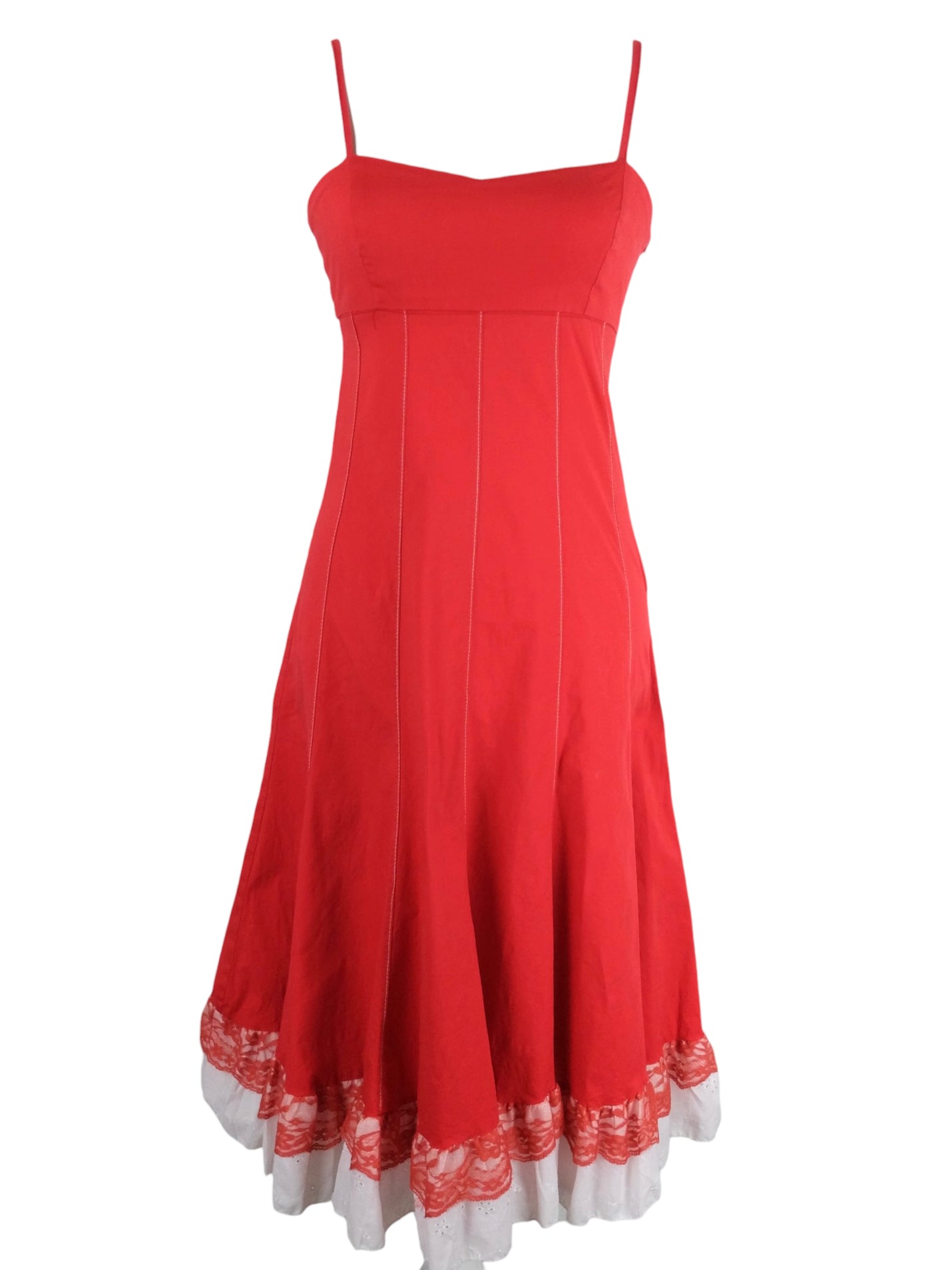 Vintage 2000s Y2K Milkmaid Prairie Bohemian Chic Pinup Style Red & White Sweetheart Neckline Sleeveless Tank Layered Ruffle Midi Dress with Lace Trim | Size S