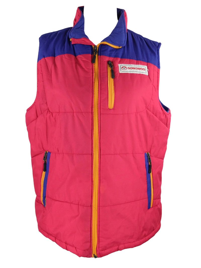 Vintage 90s Gorpcore Retro Bright Pink Purple & Orange Colourblock Zip Up Puffer Vest with High Neck & Fleece Lining | Women’s Size  L