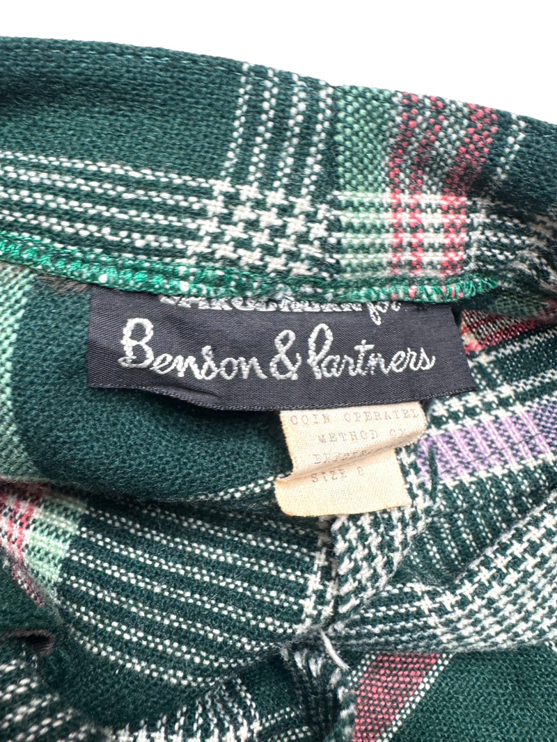 Vintage 70s Mod Bohemian Hippie High Waisted Wool Green & Pink Tartan Check Print Wide Leg Trousers | 26 Inch Waist