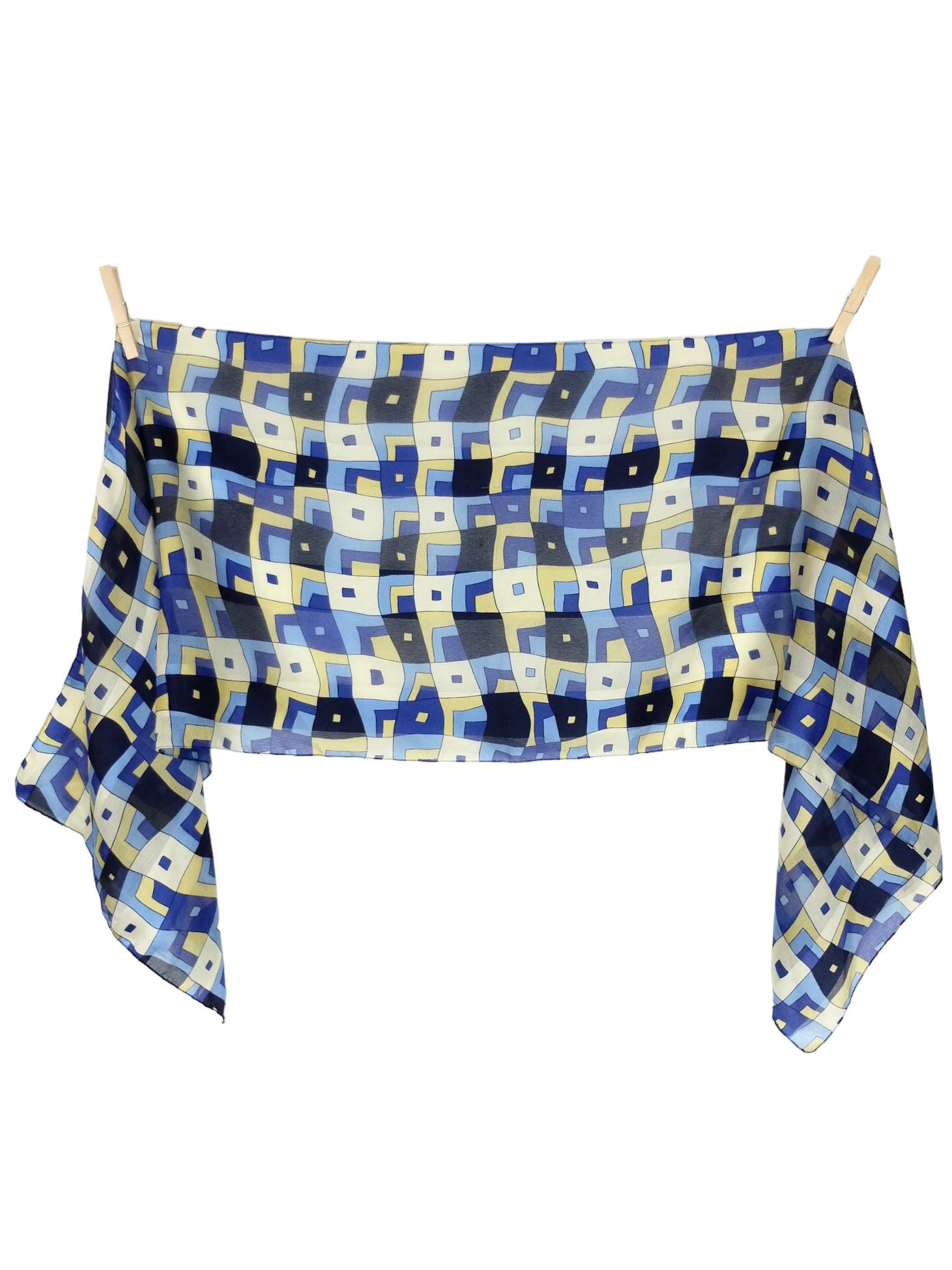 Vintage 80s Funky Bohemian Psychedelic Op-Art Print Black Blue & Beige Long Wide Lightweight Shawl Wrap Scarf