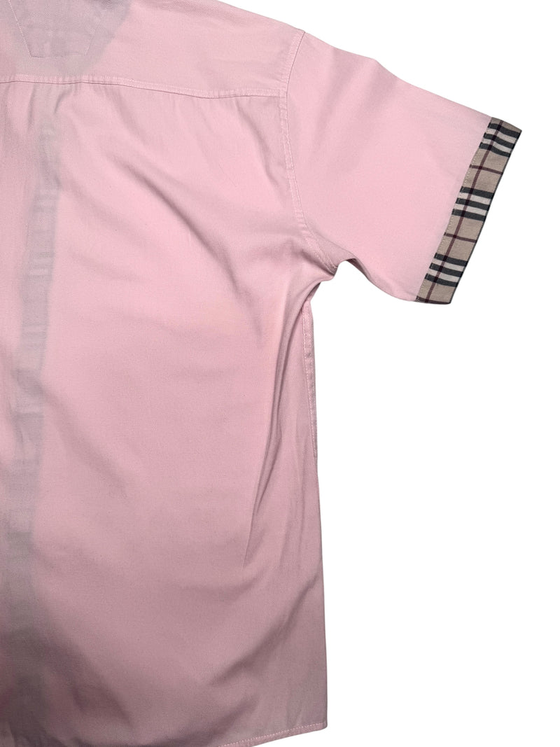 Vintage 2000s Y2K Burberry Preppy Pastel Pink & Plaid Tartan Collared Button Up Short Sleeve Shirt | Size M