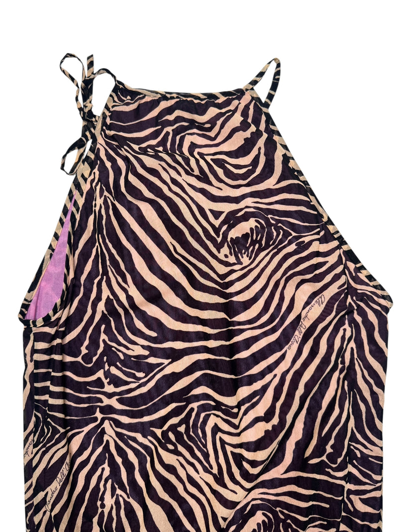 Vintage 2000s Y2K Alesandro Dell’acqua Brown & Pink Tiger Animal Print Sleeveless Layered Mini Dress with Cinched Drop Waist & Tie Details | Size M